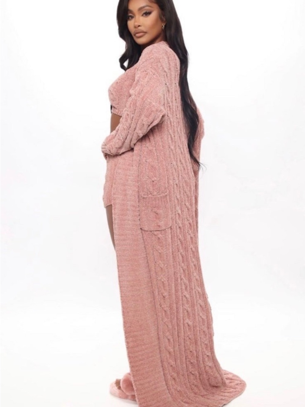 Cozy Cable Knit Maxi Cardigan in Dusty Rose